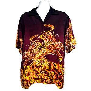 Oscar Misa Mens Giant Big Graphic Dragon Rockabilly Button Up Camp Shirt 2XL New